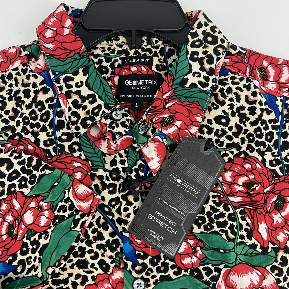 Geometrix Shirt Mens Large Multicolor Leopard Floral Stretch Slim Fit Button-Up